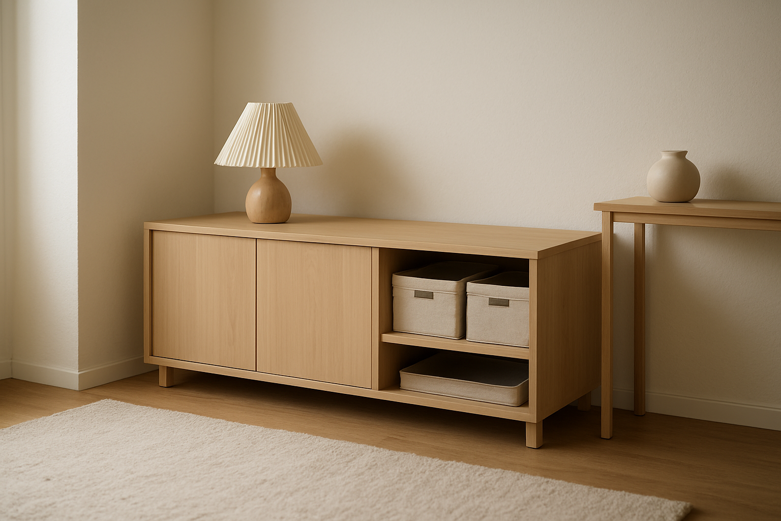 Meuble bas en bois clair avec niches fermées, boîtes assorties et tapis clair pour une déco zen de type japonais