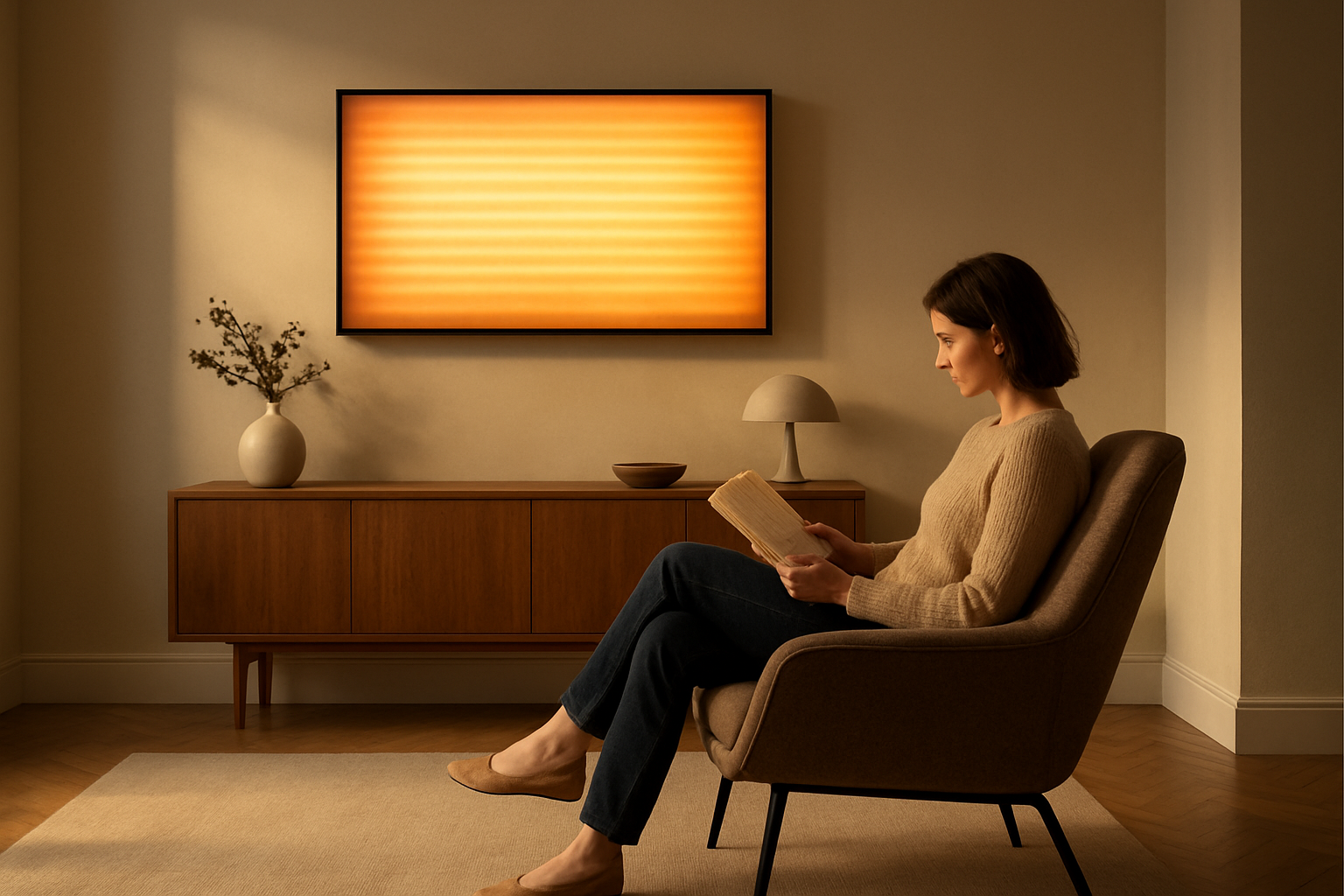 Panneau rayonnant mural diffusant un rayonnement infrarouge dans un salon lumineux
