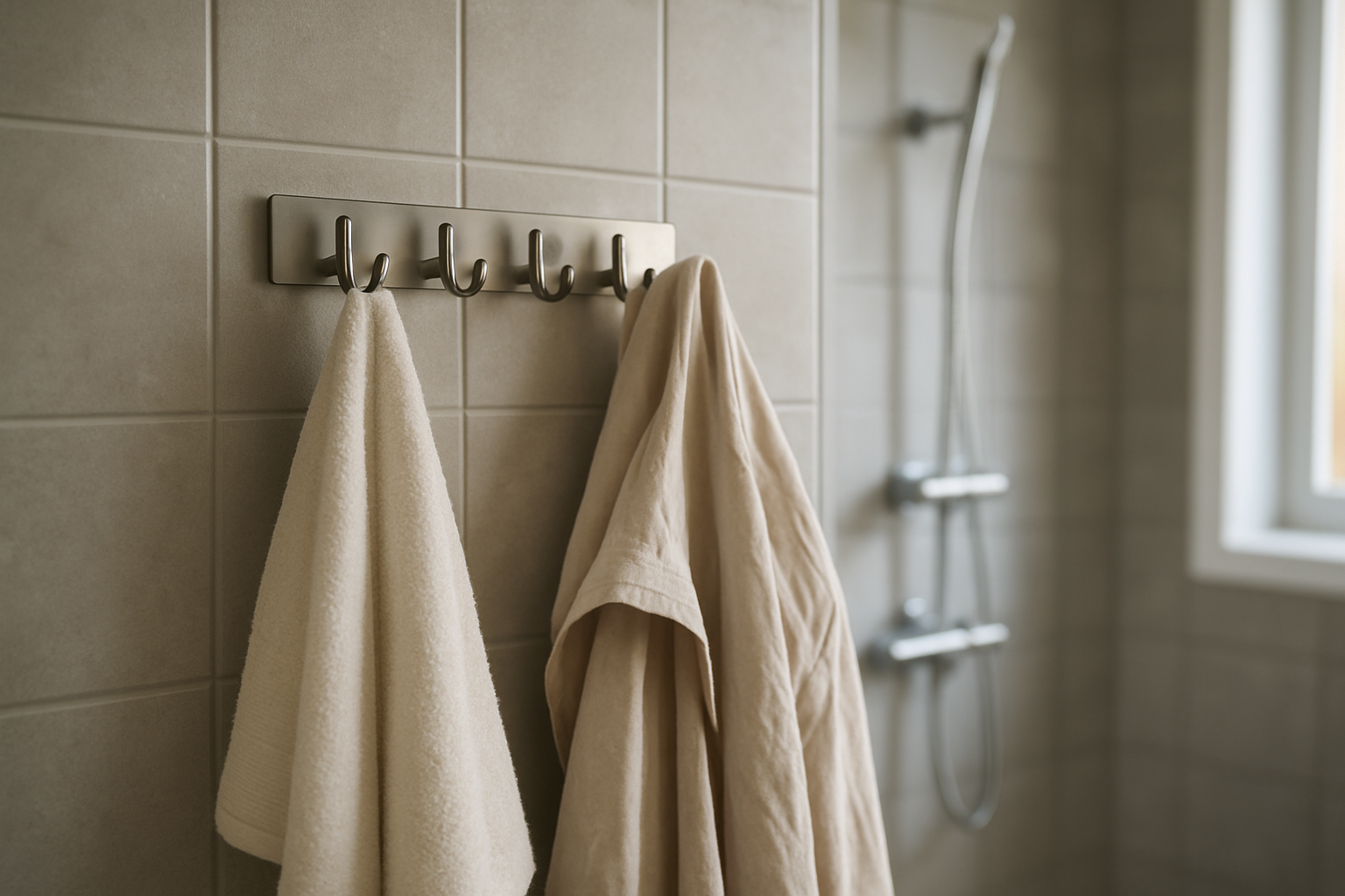Patère salle de bain en inox fixée sur un mur carrelé, crochets pour serviettes et peignoir