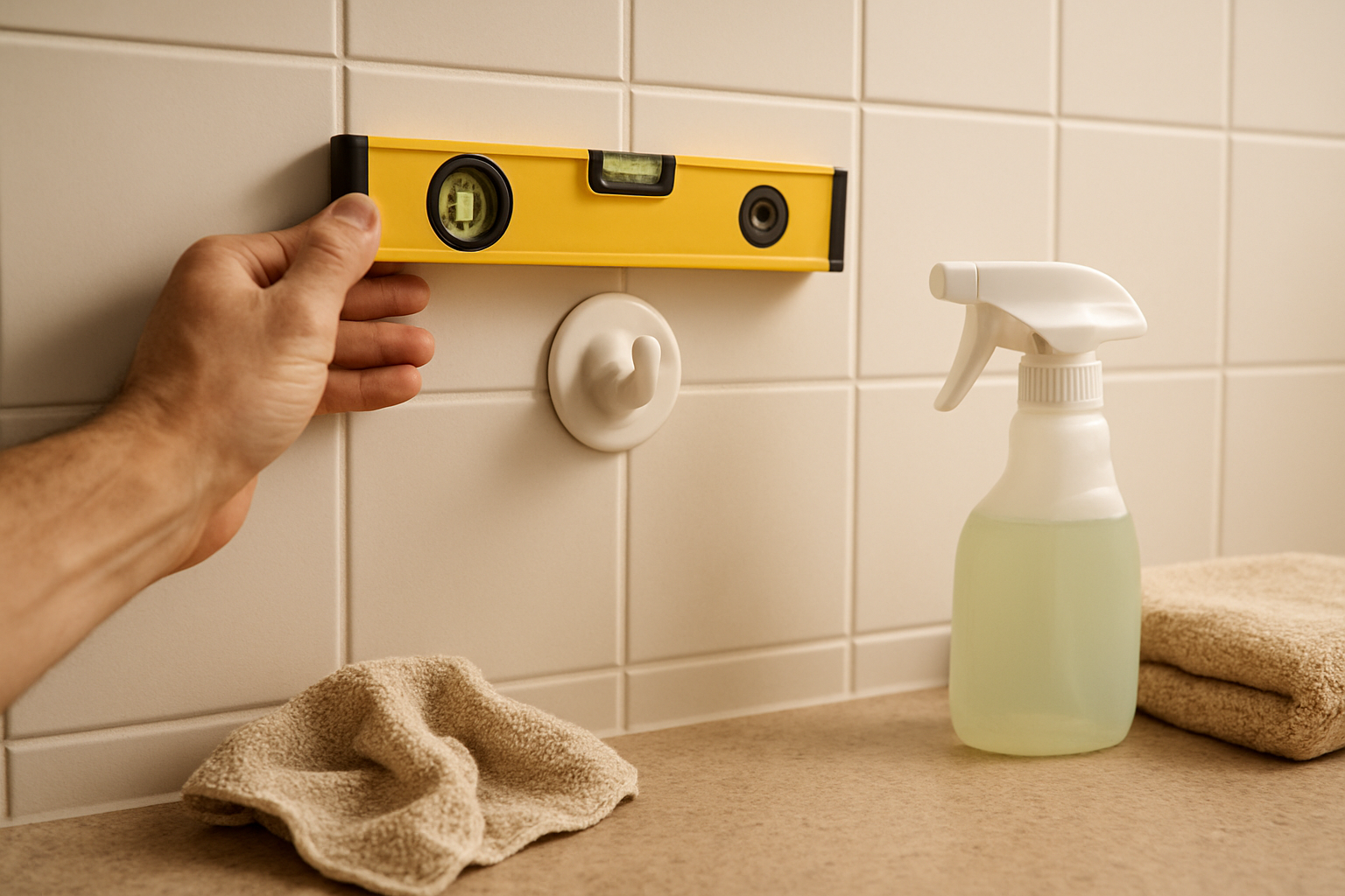 Pose d’une patère adhésive sur carrelage propre et dégraissé dans une salle de bain