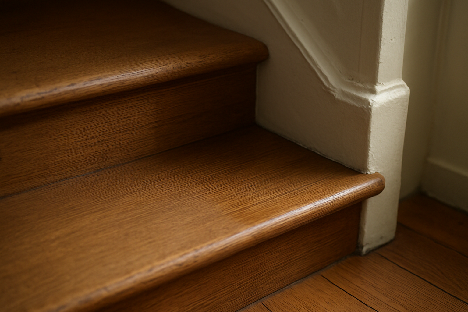 Escalier en bois peint : comparaison visuelle mat et satiné sur marches