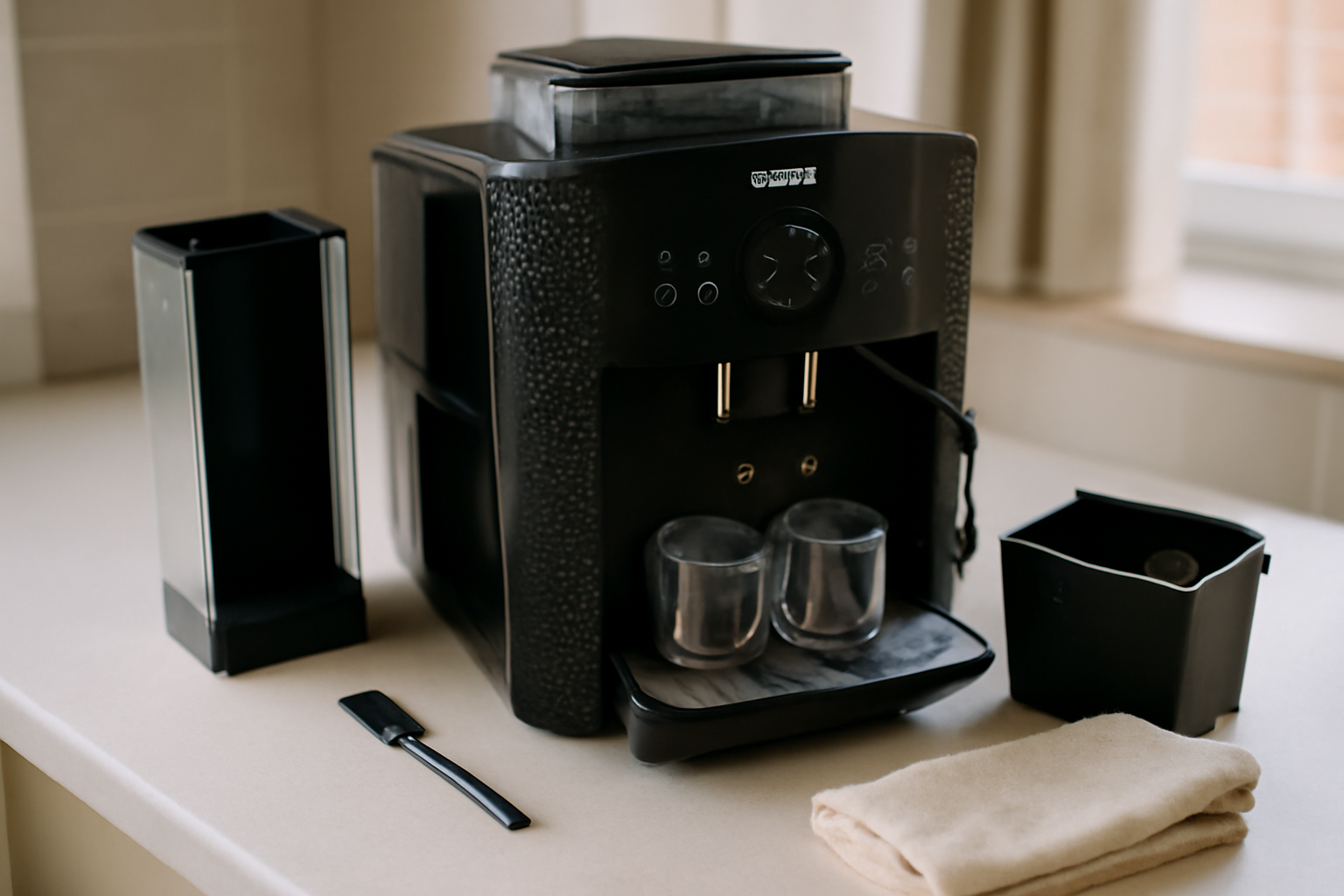 Préparer une machine à café Krups EA81 avant reset : réservoir et bac à marc retirés