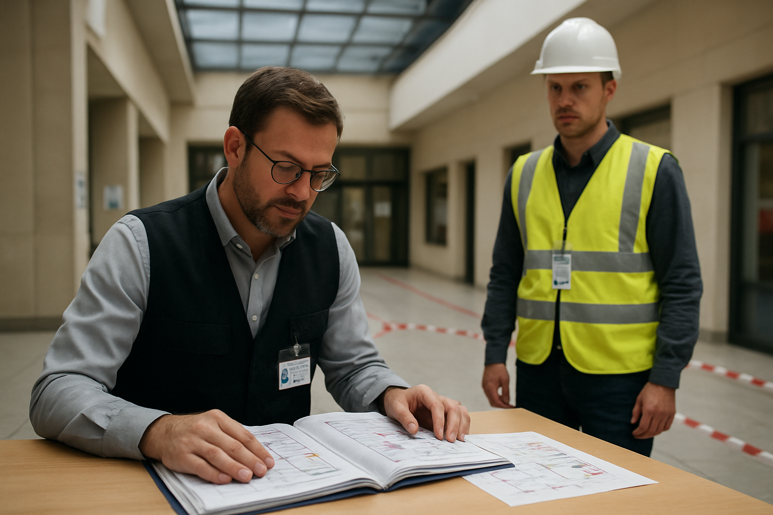 Contrôleur technique agréé consultant le dossier sécurité incendie d’un ERP après travaux dans un bâtiment, lumière naturelle