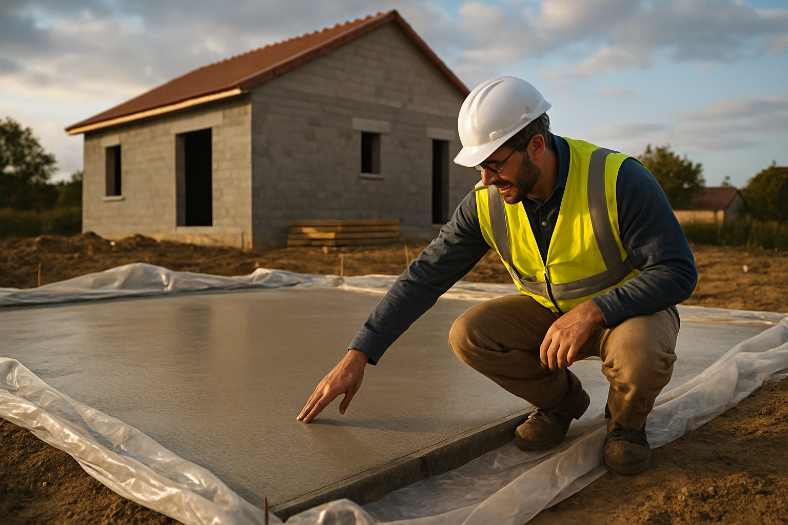 béton frais protégé par bâche sur un chantier, température clé pour le temps de sechage beton