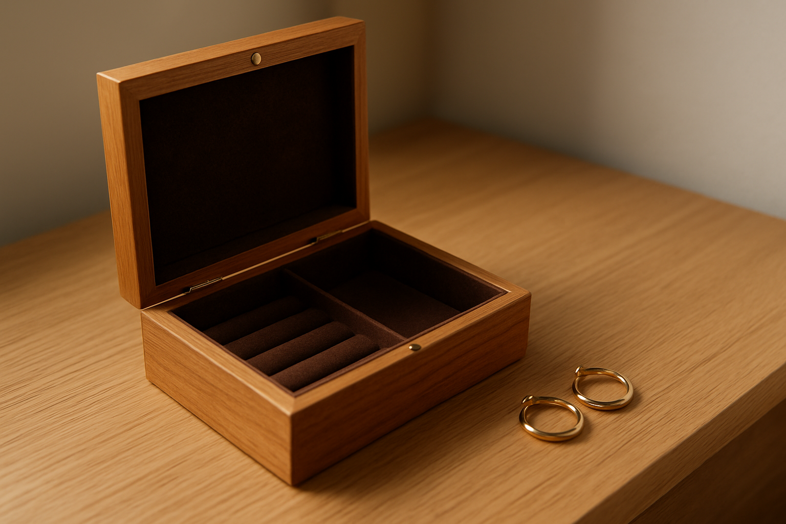 Boîte à bijoux en bois avec compartiments et doublure feutrée, sur une commode en lumière naturelle