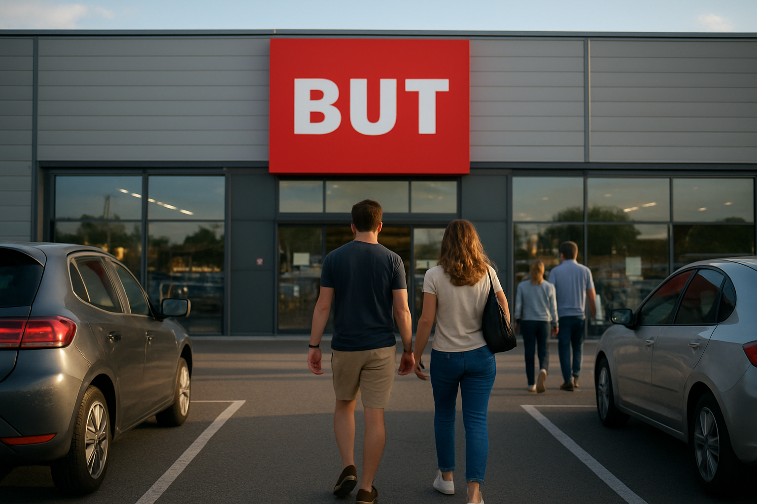 Vue réaliste de l’entrée d’un magasin BUT à Sillingy, zone commerciale, clients entrant avec un sac de shopping, lumière de fin de journée