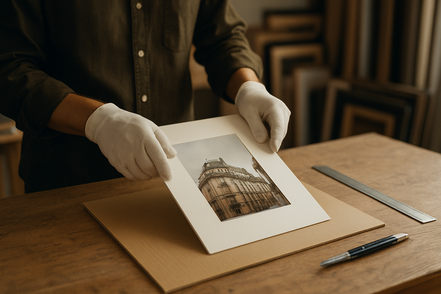 Passe-partout et calage installés pour un encadrement sur mesure, atelier d’encadreur à Paris