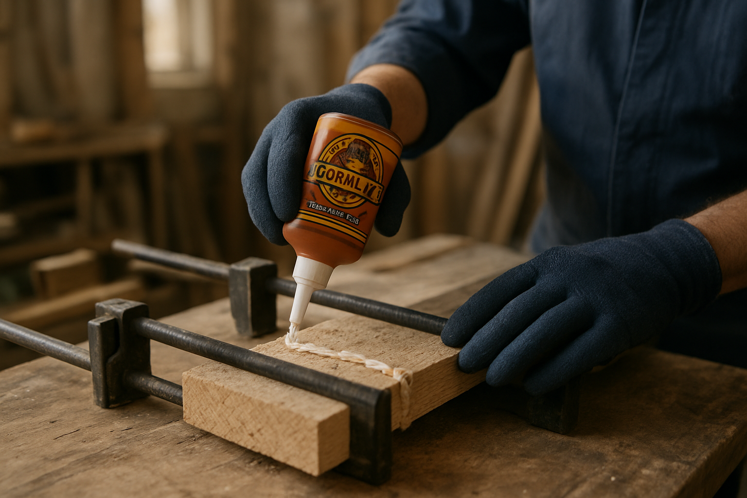 Application de colle de type gorilla glue polyuréthane sur une planche en bois poreux, serrage avec serre-joints dans un atelier lumineux