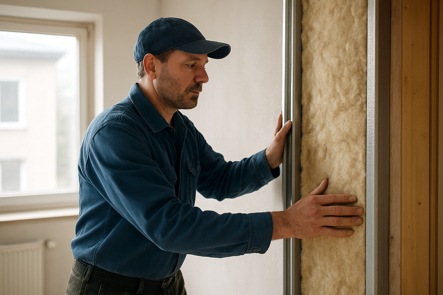 Pose d’un doublage sur ossature pour isolation mur intérieur dans un salon, rails métalliques et isolant en place, lumière naturelle