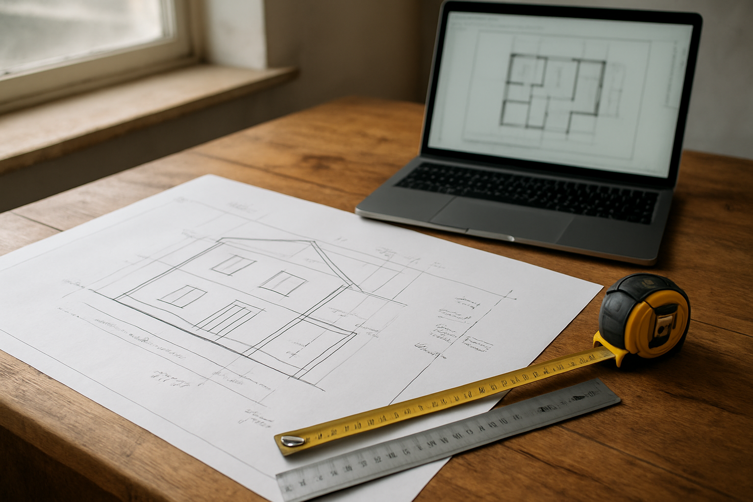 Plan de façade coté avec ouvertures et état avant/après sur une table de travail