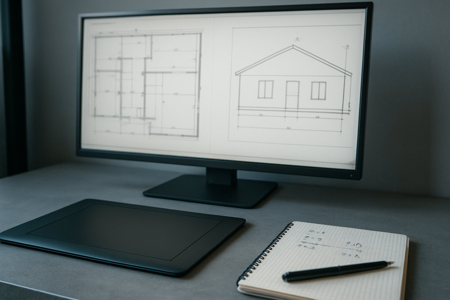 Logiciel de dessin technique affichant un plan en vue de dessus et une façade cotée