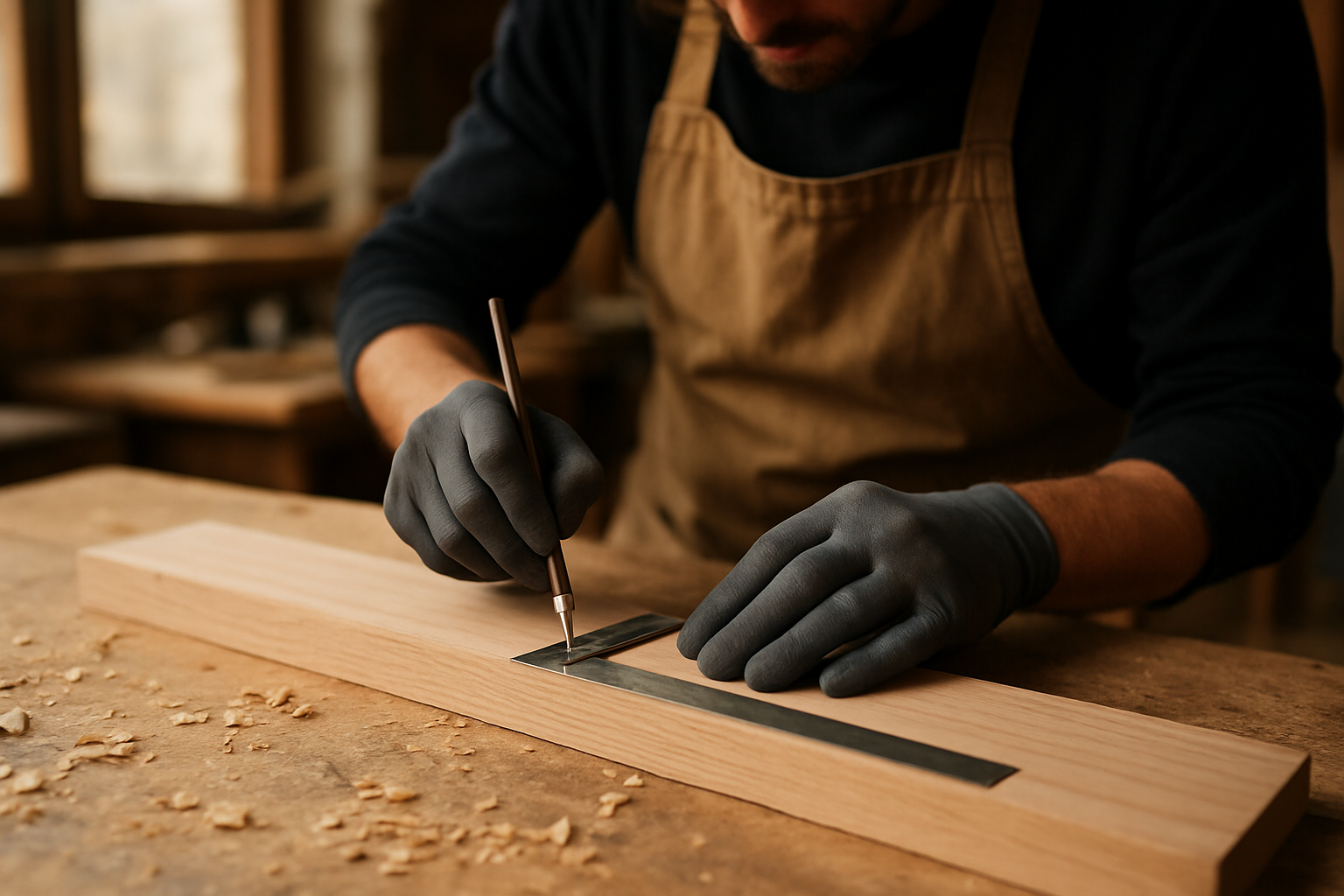 Traçage d’une queue d’aronde sur une planche en bois, avec équerre de précision et pointe à tracer