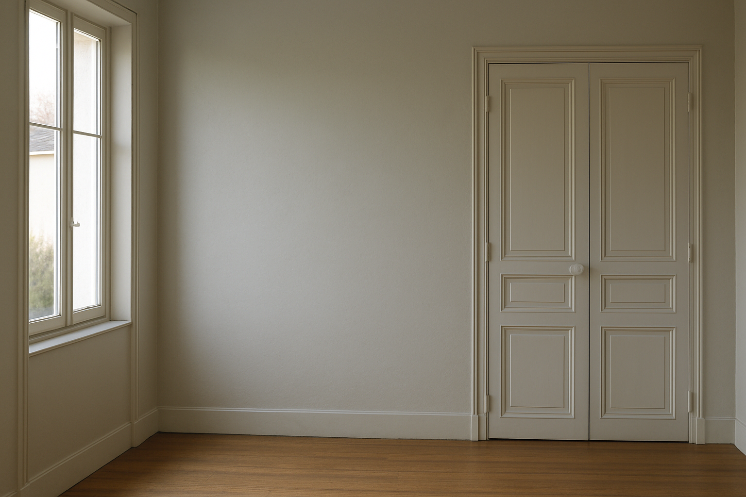 Mur et menuiseries gris clair en RAL 7035, lumière naturelle dans une maison