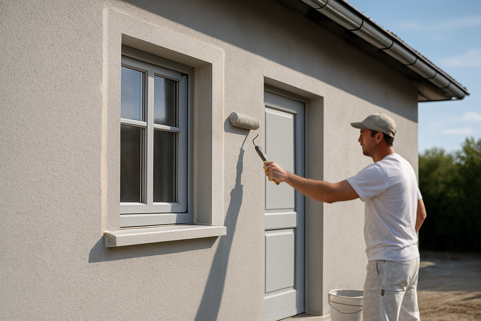 Façade extérieure avec éléments gris clair proches du RAL 7035, préparation et peinture pour extérieur